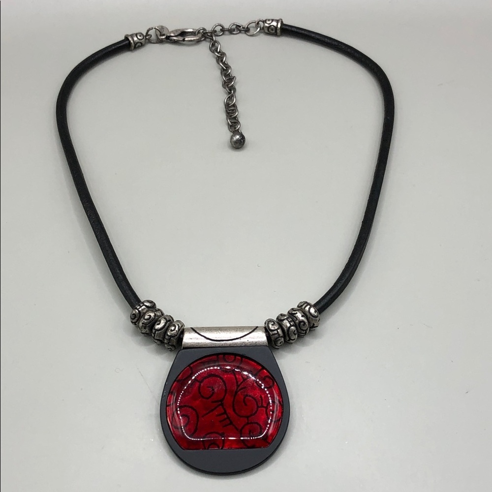 Chico's corded necklace abstract enamel statement pendant pewter metal.